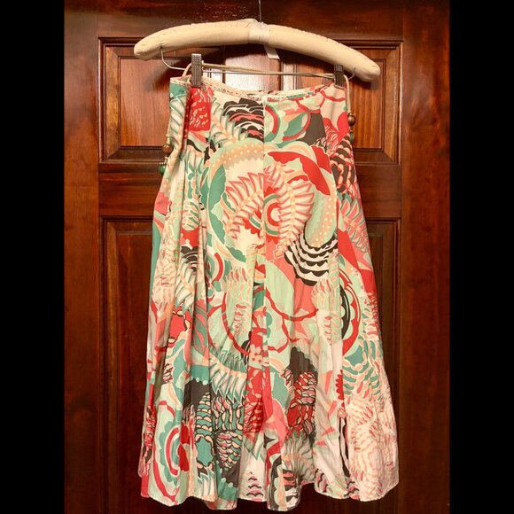 Coral, Green, Peach, Cream Floral Boho Elie Tahari Tropical Midi Skirt (US 2) - Picture 2 of 5